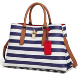 Blue Striped Genuine Leather Tote Bag - Spacious & Stylish