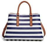 Blue Striped Genuine Leather Tote Bag - Spacious & Stylish