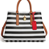 Black Striped Genuine Leather Tote Bag - Spacious & Stylish