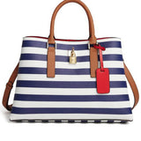 Blue Striped Genuine Leather Tote Bag - Spacious & Stylish