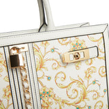 White Printed Leather Tote - Double Handle Shoulder Bag