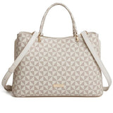 White & Cream Print Leather Tote - Large Handbag with Handles