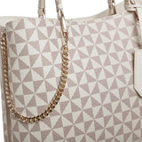 White & Cream Print Leather Tote - Large Handbag with Handles