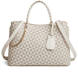 White & Cream Print Leather Tote - Large Handbag with Handles