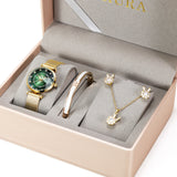 Uhura Combo Pack Green Dial Gold Watch Set – Coordinated Bracelet, Pendant Necklace and Stud Earrings For Women