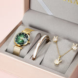 Uhura Combo Pack Green Dial Gold Watch Set – Coordinated Bracelet, Pendant Necklace and Stud Earrings For Women