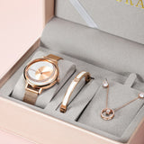 Uhura Combo Pack Rose Gold Analog Watch With Matching Bracelet and Crystal Pendant Necklace & Earrings – Stylish Jewelry Combo