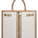 White & Brown Textured Leather Tote - Double Handle Shoulder Bag