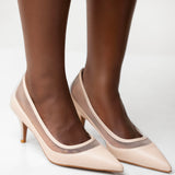 Uhura Pair of 1 Beige Mesh Panel Pointed Toe Kitten Heel Pumps for Women