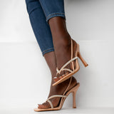 Uhura Women’s Beige Rhinestone Strappy Square Toe Heeled Sandals – 1 Pair