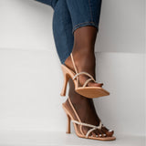Uhura Women’s Beige Rhinestone Strappy Square Toe Heeled Sandals – 1 Pair