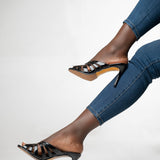 Uhura Women’s Black Patent Leather Strappy Open Toe Stiletto Heel Sandals – 1 Pair