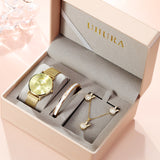 Uhura Gold Combo Pack Watch Set – Analog Watch, Bracelet, Necklace, Earrings For Women Gold Tone Jewelry & Timepiece Combo