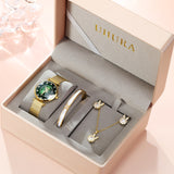 Uhura Combo Pack Green Dial Gold Watch Set – Coordinated Bracelet, Pendant Necklace and Stud Earrings For Women