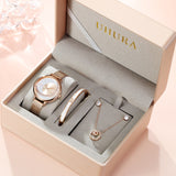 Uhura Combo Pack Rose Gold Analog Watch With Matching Bracelet and Crystal Pendant Necklace & Earrings – Stylish Jewelry Combo